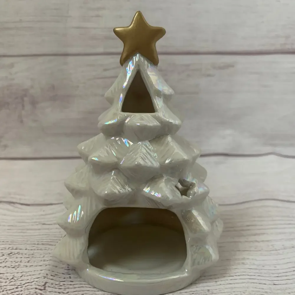 Vintage American Greetings White Iridescent Ceramic Christmas Tree Candle Holder